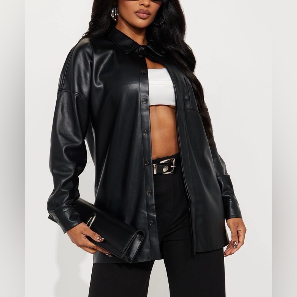 Micas Faux Leather Button Up Long Sleeve Jacket